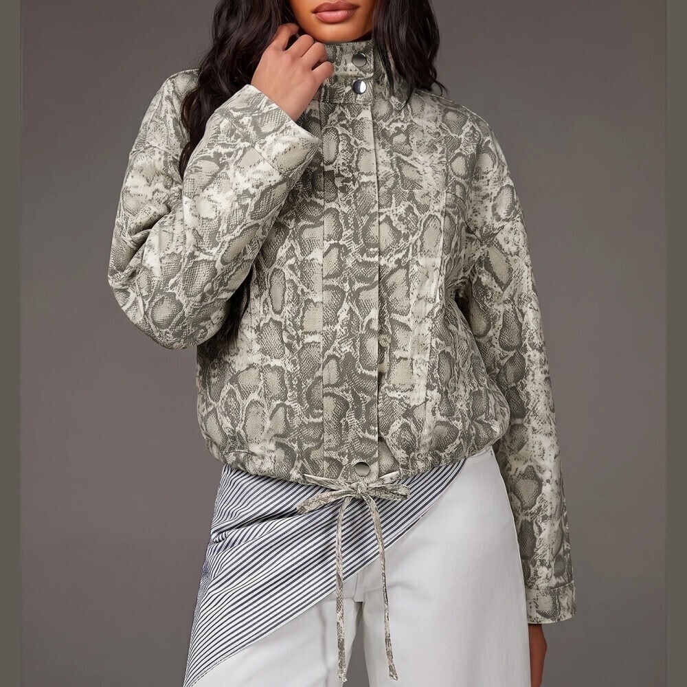Gray Snakeskin Print Denim Button Collar Drawstring Hem Track Bomber Jacket